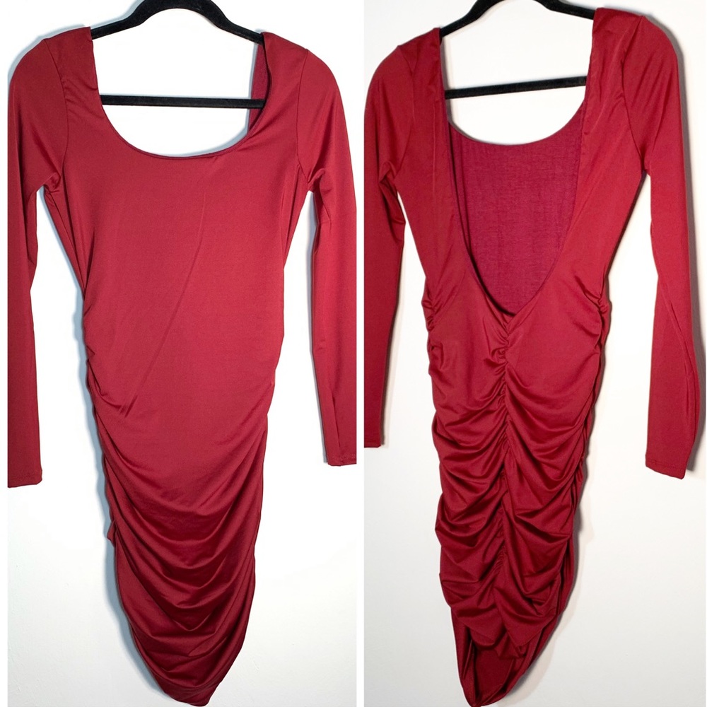 Fashion Nova NWT Ruched Dress Burgundy Sz Medium